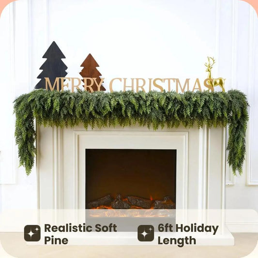 6Ft Christmas Cedar Garland with Soft Thickness Pine, Artificial Green Faux Cedar Pine Garland for Mantle Fireplace Indoor Outdoor Holiday Party Home Decoration, Holiday Decorations